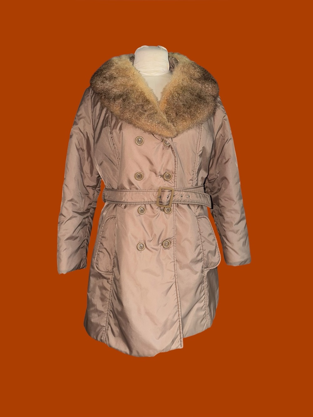 Vintage Bromleigh Belted Trench Coat with Real Rabbit Fur Collar XL Hong Kong